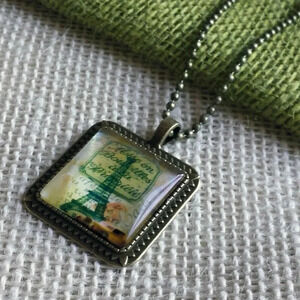 Paris France Eiffel Tower French Words Square Antiqued Brass Glass 27" Long Neck